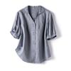 Exportar Estilo Japonés Original Individual Tejido a Mano Personalizado Teñido Personalizado Transpirable Lino Muñeca Cuello en V Literario y Artístico Elegante Camisa de Manga Corta Tops para Mujer