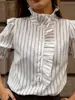 Camisa de Manga Longa Listrada Estampada com Botões na Frente e Design de Barra Franzida, Casual e Elegante, Comércio Exterior Transfronteiriço Europeu e Americano Amazon