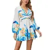 Vestido Nuevo Estampado de Cuello en V para Comercio Transfronterizo Independiente, Mangas Abullonadas a la Moda, Falda Corta de Cintura Alta, Ropa para Mujer Estilo Europeo y Americano