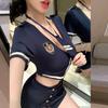Lencería Seductora Femenina Uniforme de Policía Caliente Juego de Rol Azafata Seductora Traje de Noche para Club Azul Marino 1186