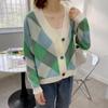 2025 Nuevo Otoño e Invierno Estilo Coreano Cuello en V Acolchado Contraste Cárdigan Suéter Chaqueta Holgado Casual Tejido Top para Mujer