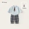 Ropa Bangxuan para Niños Niños, Conjunto de Primavera Estilo Academia, Conjunto Infantil con Camisa de Cuello y Pantalones a Cuadros, Conjunto de Dos Piezas para Niños