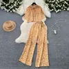Traje Feminino Estilo Sal e Pimenta Levemente Maduro, Moda Versátil Camisa Curta Estampada Solta + Calça Casual de Cintura Alta com Efeito Emagrecedor Perna Larga