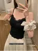 6112 # Camisola de renda com padrão xadrez estilo francês para mulheres com bojos acolchoados embutidos, decote em V, costas bonitas, corte justo e efeito emagrecedor