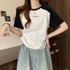 Camiseta de Manga Curta para Mulheres, Camiseta Básica de Verão com Estampa de Letras, Tamanho Grande com Modelagem Slim, Casual com Detalhe de Cordão Contrastante no Ombro Direito para Uso Externo