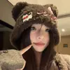 Gorro de tricô para outono e inverno, estilo gato, com abas para as orelhas, forro de pelúcia, espessado para aquecimento, design fofo de desenho animado, faz o rosto parecer menor