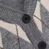 Cardigan Jacket de Malha Elegante e Simples com Gola V, Manga Longa, Padrão de Diamante, Botões Únicos para Mulheres - Nova Moda Outono 2025