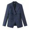 Blazer Profissional Elegante Europeu e Americano Transfronteiriço Moda Nova Listrado na Cintura com Lapela Azul Marinho
