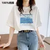 Nueva Camiseta de Algodón Puro de Manga Corta para Mujer 2025, Top Versátil de Verano con Estampado, Hombro Normal, Corte Holgado, Cuello Redondo, Ropa Interior, Estilo Coreano Ins