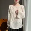 Top de punto fino y transpirable de verano para mujer, suéter de cuello redondo con diseño floral recortado, top versátil adelgazante