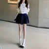 Conjunto de Moda Camisa de Manga Larga con Cuello Polo Falda de Cintura Alta Corte A Falda Corta Estilo Preppy Conjunto de Dos Piezas