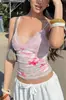 Camisola de encaje con cuello en V estilo europeo y americano para mujer, estampado de leopardo floral fruncida cintura corta que revela el abdomen, ajuste ceñido, top de tirantes interior para chica popular de Instagram