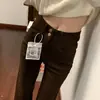 Jeans de mujer petite ligeramente acampanados de doble botón, pantalones otoño elásticos de cintura alta ajustados estilo retro americano bootcut