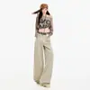 Jeans para Mujer Holgados de Pierna Ancha Plisados Retro Puro Algodón Largo Hasta el Suelo Color Té con Leche Pantalones Largos Color Té con Leche Extendido Yi Chun