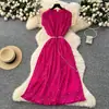 Diseño Francés Cuello en V Manga Campana Cintura con Cordones Vestido Floral de Chifón para Mujer Delgado Elegante Retro Falda Larga
