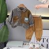 Conjunto de duas peças masculino de algodão e linho com bolso e cores combinando, camisa listrada vertical, calça, moda primavera, atacado direto da fábrica