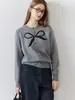 Cárdigan de punto vintage estilo francés con lazo, cuello redondo gris, para mujer, chaqueta superior casual de manga larga para capas de principios de otoño