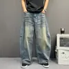 Diseño único, teñidos con barro, jeans de pierna ancha desgastados, unisex, estilo retro americano de moda de alta costura, pantalones lavados de largo hasta el suelo