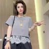Camisa de Manga Corta con Empalme de Encaje Estilo Coreano Falsa de Dos Piezas para Mujer 2026 Verano Nueva Moda Top Adelgazante