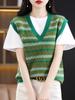 23 Lana Nueva Combinación de Colores Cárdigan Chaleco para Mujer Cuello en V Suelto Rayado Sin Mangas Chaqueta Todo Combinable Ajustado Chaleco de Punto