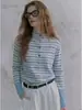 Cárdigan de punto corto de manga larga con cuello alto y rayas azules para mujer, top abotonado único, suave y colorido para principios de otoño