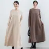 Otoño e Invierno Nuevo Estilo Japonés Color Sólido Manga Larga Vestido Largo Moda Femenina Holgado Cuello Redondo Falda Amplia Línea A Bolsillo
