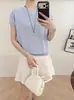 Camiseta de Punto de Manga Corta para Mujer, Nuevo Estilo de Verano, Cuello Redondo, Adelgazante, Ceñida a la Cintura, Prenda Básica, Ropa Exterior con un Diseño Elegante