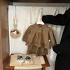 Conjunto Fashionável Estilo Coreano para Bebês Meninas, Blusa com Manga Bufante e Calça de Perna Larga, Conjunto Casual Retrô Infantil de Duas Peças