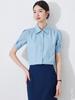 Camisa Feminina de Verão Azul Cinza Manga Curta Saia Terno de Duas Peças Verão 25 Anos Novo Simples Commuter Carreira