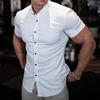 Camisa de Manga Corta con Cuello de Solapa de Nuevo Estilo para Fitness Muscular, Cardigan Deportivo Casual Elástico de Color Sólido, Camisa de Negocios sin Planchar, Ropa para Hombre