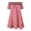 Comercio Exterior Europeo y Americano Transfronterizo Otoño e Invierno 2025 Nueva Moda Femenina Elegante Vestido Dulce Rojo a Cuadros de Hombros Descubiertos para Mujer