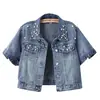 Comercio Exterior Transfronterizo Moda Pesada Chaqueta Corta de Mezclilla con Cuentas para Mujer Holgada de Manga Corta/Media Casual