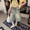 Shorts de mezclilla NERUM con estampado de estrellas retro americano para mujer, lavado desgastado, pantalones casuales holgados de pierna ancha cropped