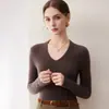 26 Inverno Novo Cashmere Malha 12 Gauge Gola V Manga Longa Feminino Cor Sólida Canelado Slim Fit Suéter Camada Base