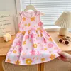 Nova Saia de Algodão e Seda Infantil, Estilo Fino de Verão, Vestido com Alças e Mangas Volumosas Florais para Meninas, Vestido Infantil Estiloso Atacado