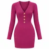 Vestido de tricô sexy com decote V transfronteiriço europeu e americano para mulheres, justo ao corpo e que valoriza a silhueta, bodycon de manga comprida, saia de baixo