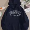 Moletom com Capuz Los Angeles Estampa de Letras Cordão, Blusões Casuais de Manga Longa com Bolso, Roupas Femininas Damasco