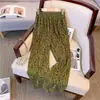 Calça casual plissada floral verde elegante para mulheres plus size, calça longa feminina fina versátil e modeladora para exportação