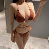 Tecido Especial Sexy Biquíni de Três Peças Maiô Feminino de Verão com Alça Roupa de Banho para Férias na Praia Blusa Xadrez por Cima