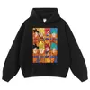 Sudadera con capucha y estampado de cómic desgastado, sudadera urbana oversized estilo retro americano en negro lavado con hombros caídos