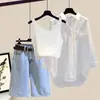 Conjunto de Verano para Mujer Tallas Grandes 2025 Nuevo Estilo Camisa con Protección Solar, Camisola, Shorts de Mezclilla Conjunto de Tres Piezas Adelgazante