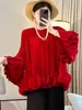 Camiseta de Estilo Europeo y Americano de Lujo Ligero con Cuello Redondo y Mangas Abullonadas para Mujer, Nuevo Modelo Primavera 2026 con Volantes Plisados, Diseño Único, Top Elegante