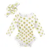 Roupa de Bebê Verão Meninas Roupa de Envolver Fralda Macacão Triângulo para Engatinhar Polka Dot Bronzeado Pompom Faixa de Cabelo Macacão de Manga Longa para Bebê