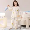 Pijama de Algodón Nube para Niñas Otoño Invierno Dulce Encaje Niños Medianos y Grandes Cárdigan Manga Larga Conjunto de Ropa de Casa para Niños