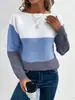 Suéter de Punto con Bloques de Color Amazon de Manga Larga Jersey Cruzado Comercio Exterior Moda Femenina Versátil Top de Punto para Primavera y Otoño