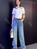 Estilo Europeo Sexy Solapa Estampado Hueco Cintura Top Traje de Jeans Rectos de Dos Piezas para Mujer Trendy
