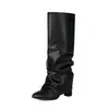 Botas Altas Negras Plisadas Apiladas Otoño Invierno para Mujer Tacón Grueso Punta Fina Botas para Pantalón Estilo Europeo Adelgazantes por Encima de la Rodilla Botas de Monta