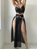 Ropa Interior Sexy Nueva Europea y Americana 2025 Vestido Largo de Hueso de Pescado Puro con Abertura Vestido de Malla Transparente Lindo Cadena de Perlas TK