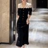 Vestido de Veludo Preto Elegante, Moderno e Estilo Irmã de Alta Qualidade para Mulheres, Saia Longa com Renda Outonal
