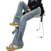 Jeans Feminino de Verão Fino Estilo Americano Retrô com Barra Micro Flare e Tiras de Borboleta Preta, Nicho, Cintura Alta, Afinando, Calça Mop